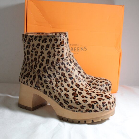 NWB Swedish Hasbeens Slip On Bootie Boots Clogs Leopard Calf Hair 40 - Picture 1 of 7